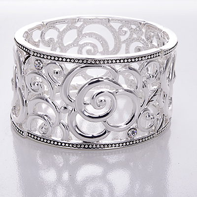 Wholesale arabesque Filigree Polished Silver Bracelet CZs Lead Compliant Stretch