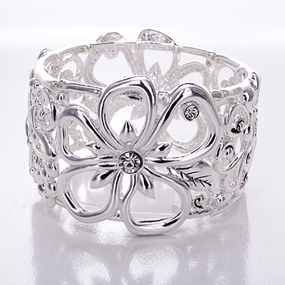 Wholesale floral Filigree Polished Silver Bracelet CZs Lead Compliant Stretch Ba