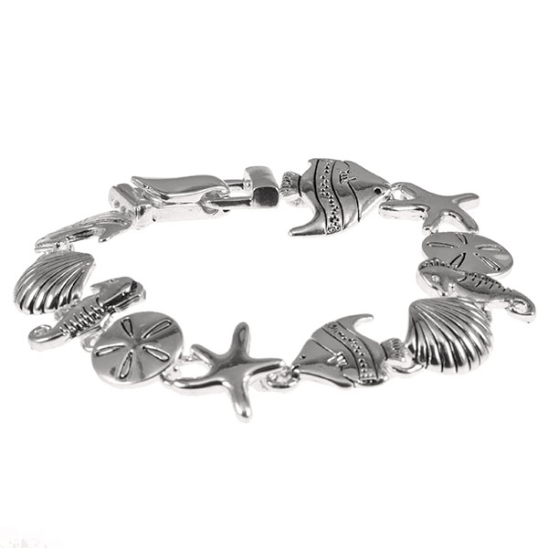 7 1/2" around silver tone charm bracelet featuring swimming fish and sea shells.  