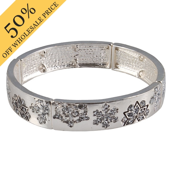 Wholesale silver bracelet imprinted snowflakes inset crystal rhinestones