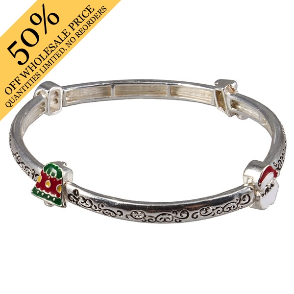 Wholesale silver Christmas holidays themed bracelet attached stocking Santa bell