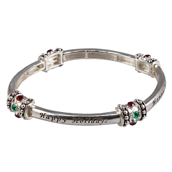 Wholesale silver bracelet Happy Holidays inscription red green rhinestones
