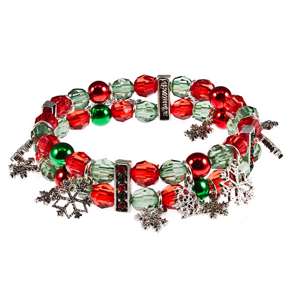 Wholesale stretch bracelet Christmas holiday red green beads snow flake charms