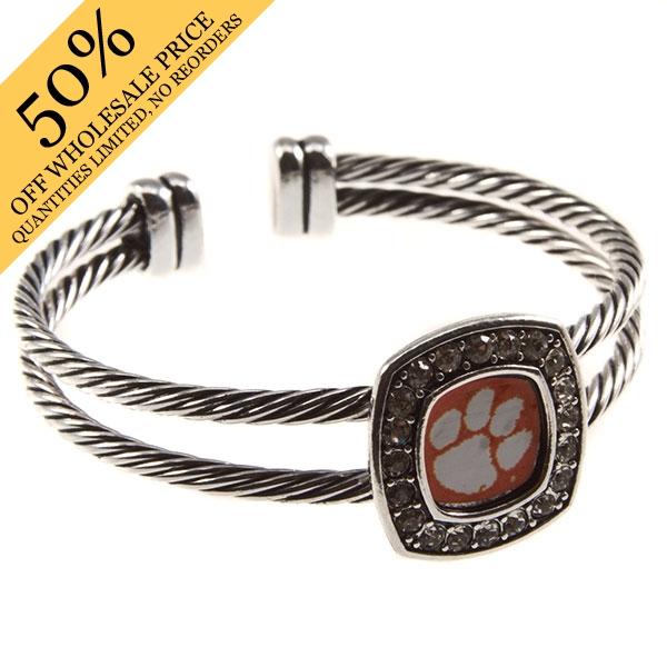 Wholesale clemson University silver braided double band bracelet crystal rhinest