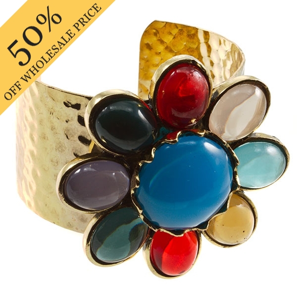 Wholesale hammered gold cuff bracelet floral assorted colorful acrylic cabochons
