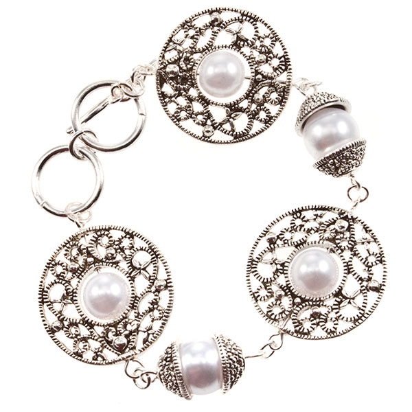 Wholesale silver bracelet filigree medallions center pearl bead