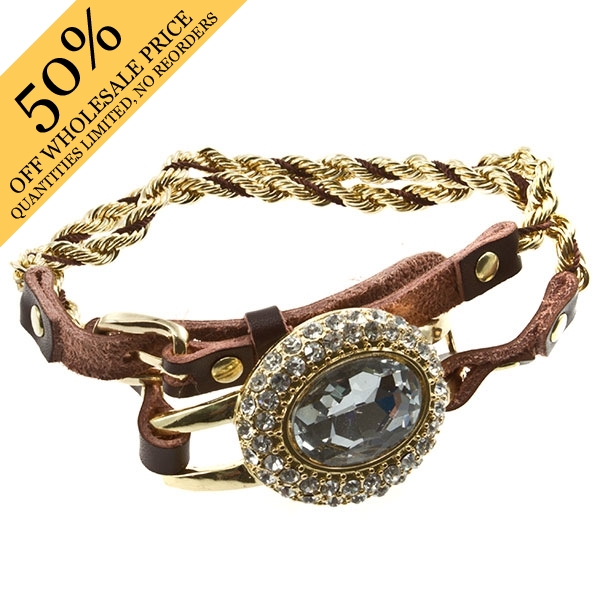 Wholesale bright gold brown leather wrap bracelet clear czs faceted clear gemsto