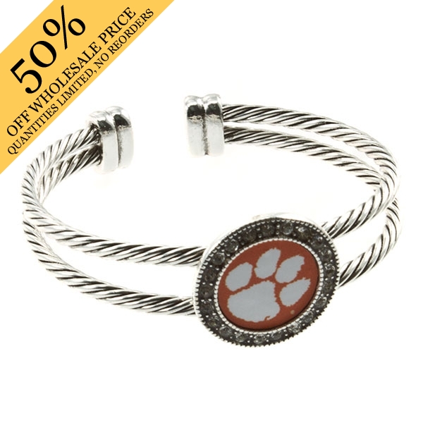 Wholesale silver toned cuff bracelet crystal rhinestones surrounding Clemson log