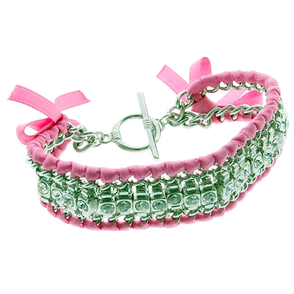Wholesale sILVER BRACELET RHINESTONES PINK RIBBON