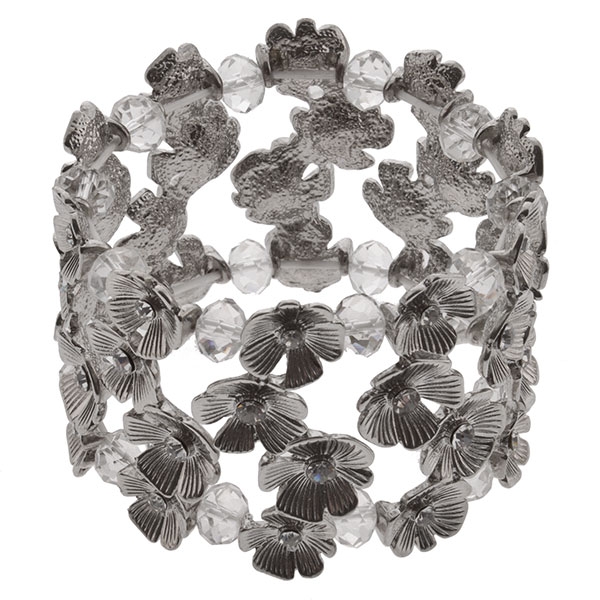 Wholesale silver stretch bracelet small flowers crystal rhinestone center