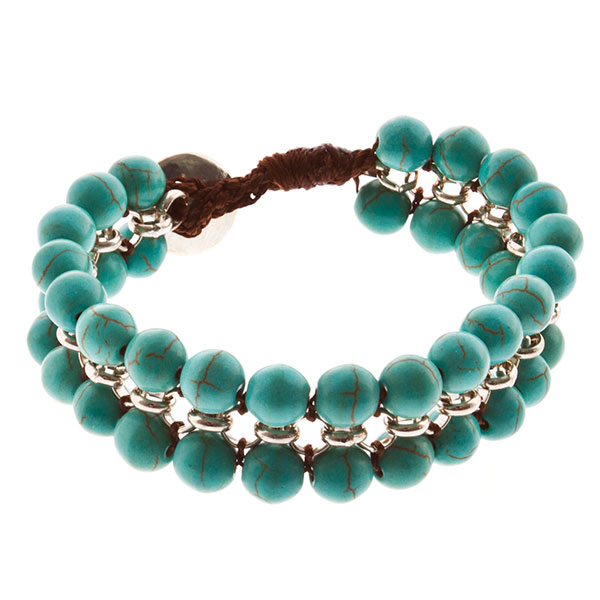 Wholesale turquoise bead bracelet double row silver chain