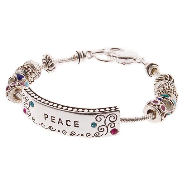 Wholesale silver inspirational message bracelet gemstone accents PEACE inscripti
