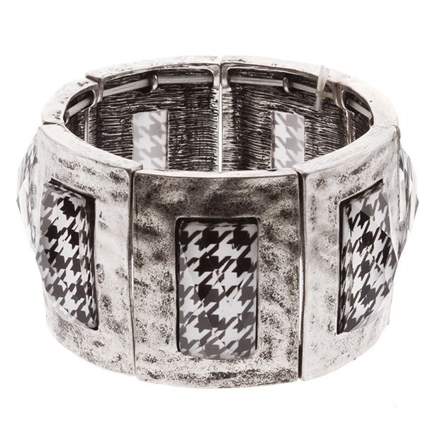 Wholesale silver stretch band bracelet hammered finish houndstooth print stone i