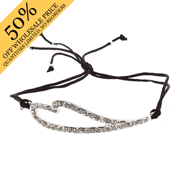 Wholesale black cord bracelet elongated heart crystal rhinestones