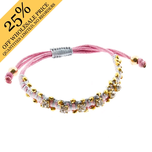 Wholesale pink gray leather cord bracelet gold accents crystal rhinestones