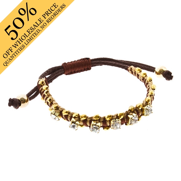Wholesale brown gold leather cord bracelet gold accents crystal rhinestones