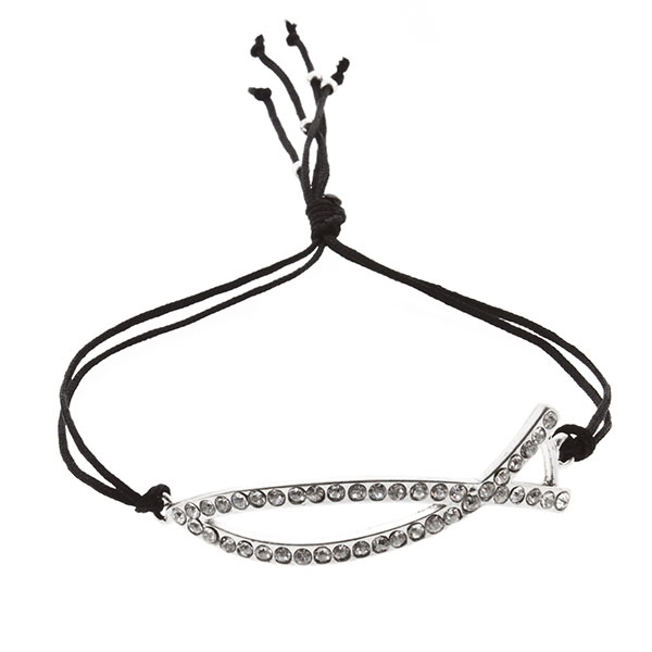 Wholesale black cord bracelet elongated fish symbol crystal rhinestones