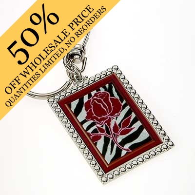Wholesale rectangle Key Chain Rose Zebra Print Silver Keychain Approx L W