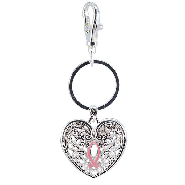 Wholesale silver filigree heart keychain pink ribbon Judson s wholesale fashion