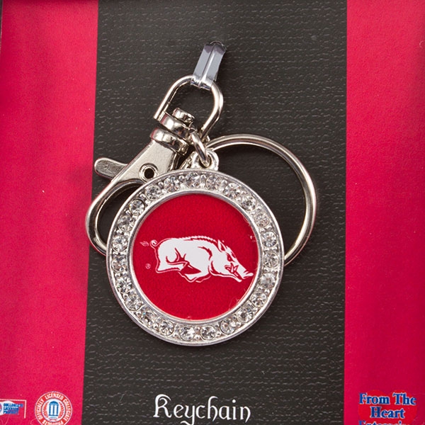 Wholesale arkansas collegiate key chain silver crystal rhinestones center logo
