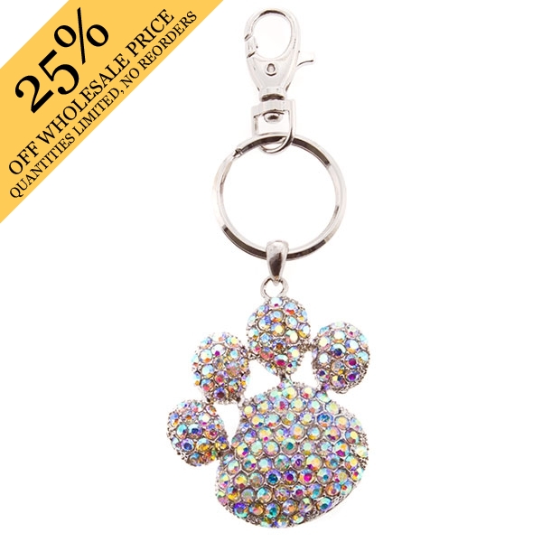 Wholesale inch silver key chain paw pendant encrusted iridescent rhinestones