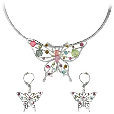 Wholesale butterfly Fashion Pendant Brooch Earrings Set Polished Silver Multicol