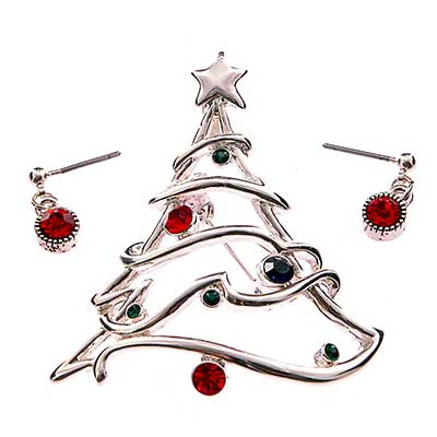 Wholesale christmas Tree Polished Silver Pendant Broach Earring Set Hoop Pendant