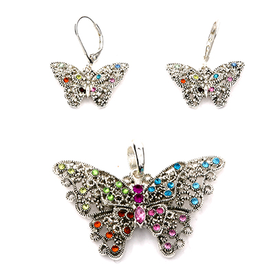 Wholesale filigree Silver Butterfly Pendant Earring Set Various Colored CZs Lead