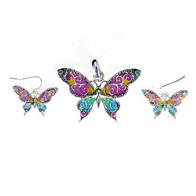Wholesale multi colored Lacquered Polished Silver Butterfly Pendant Earring Set