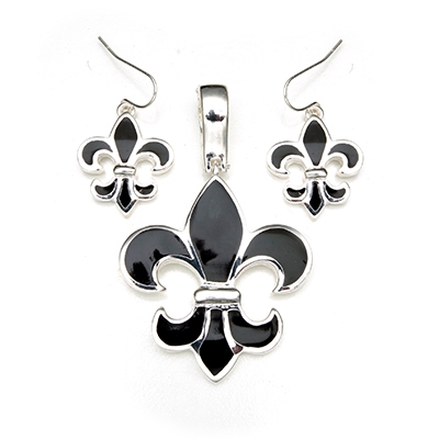 Wholesale black Acrylic Polished Silver Fleur De Lis Pendant Earring Set Lead Co