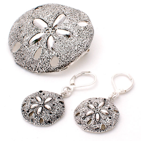 Wholesale sand Dollar Filigree Brooch Dual Pendant Polished Silver Metal Earring