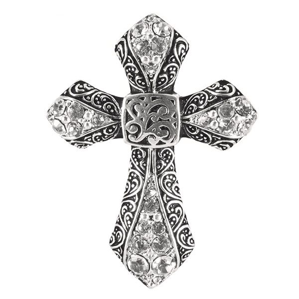Wholesale silver cross pendant ornate bas releif crystal rhinestone details Juds