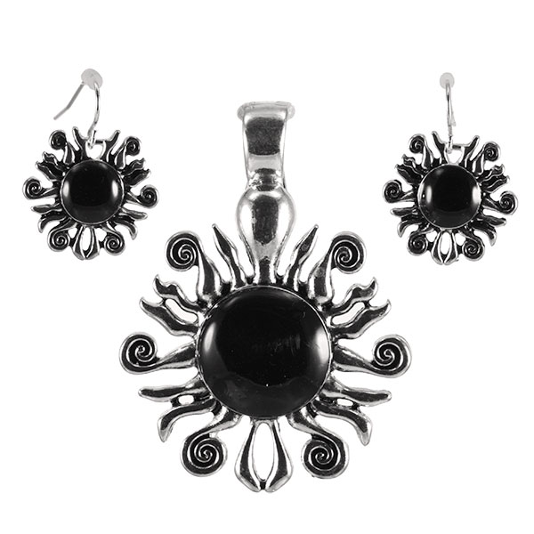 Wholesale black cabochon pendant earring set silver finish whimsical sunbursts J