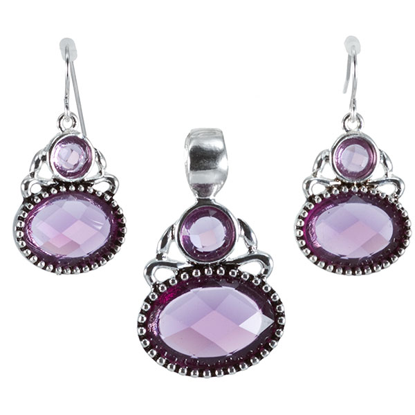 Wholesale lilac translucent faceted cabochon pendant earring set polished silver