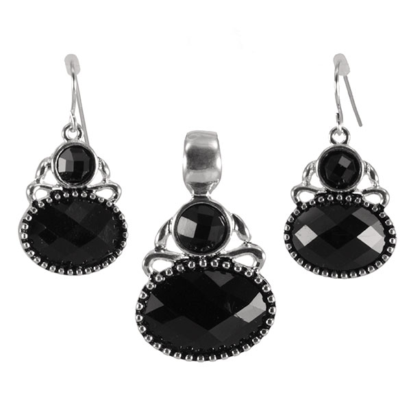 Wholesale faceted black cabochon pendant earring set silver finish Judson s whol
