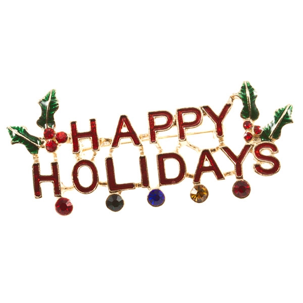 Wholesale gold toned HAPPY HOLIDAYS pin holly multi colored rhinestone accents