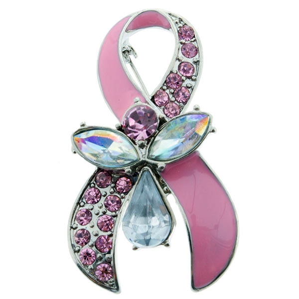 Wholesale silver toned pin pink breast cancer awareness ribbon rhinestones