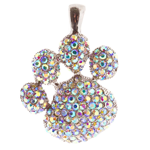 Wholesale inch silver paw pendant encrusted iridescent rhinestones