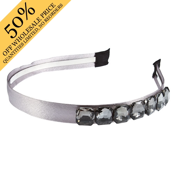 Wholesale silver metal frame headband fabric overlay large faceted smokey amber