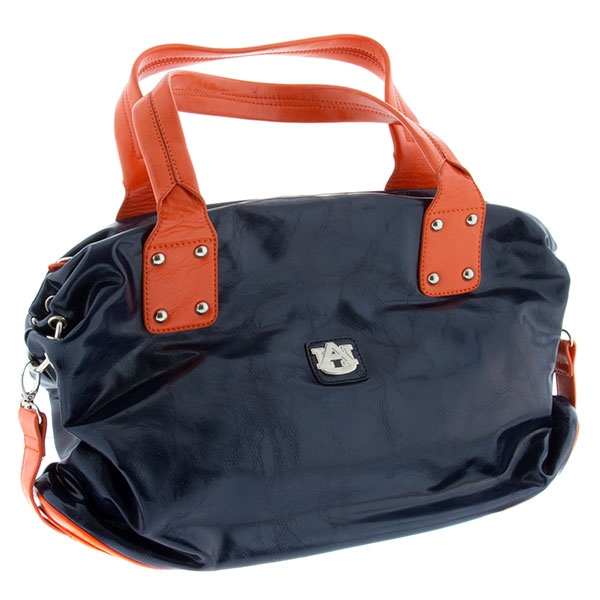 Wholesale enjoy navy faux leather handbag trimmed orange handles It polished sil