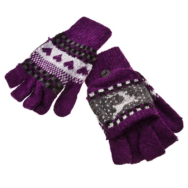 Wholesale reindeer heart print mittens gloves purple charcoal open finger make m