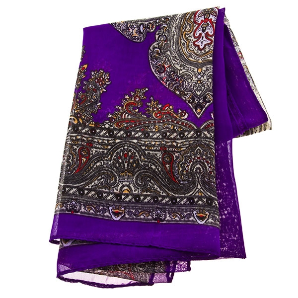 Wholesale royal purple paisley print acrylic scarf gold cream red accents approx