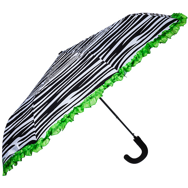 Wholesale black white zebra print umbrella lime green ruffled trim