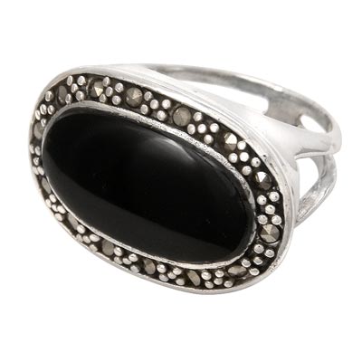 Wholesale sterling Silver Ring Jet Black Oval Stone Marcasite Top Ring approx L