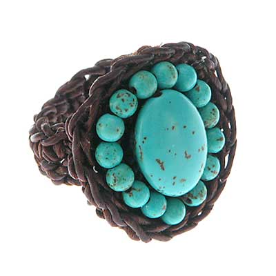 Wholesale genuine Stone Turquoise Floral Ring Brown Yarn Covers Base Flexible Ad