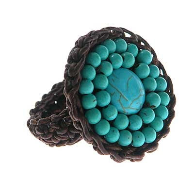 Wholesale genuine Stone Turquoise Floral Ring Brown Yarn Covers Base Flexible Ad