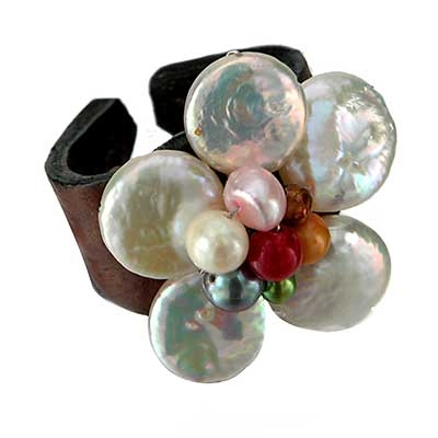 Wholesale beige Glass Flower Multi Colored Bead Center Ring Leather Ring Band ha