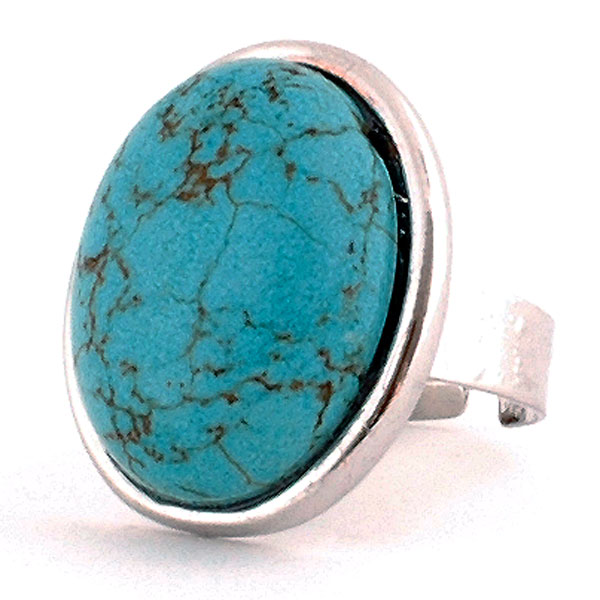 Wholesale polished silver adjustable band ring large oval turquoise cabochon