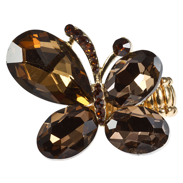 Wholesale amber faceted cabochon rhinestone butterfly ring gold stretch band