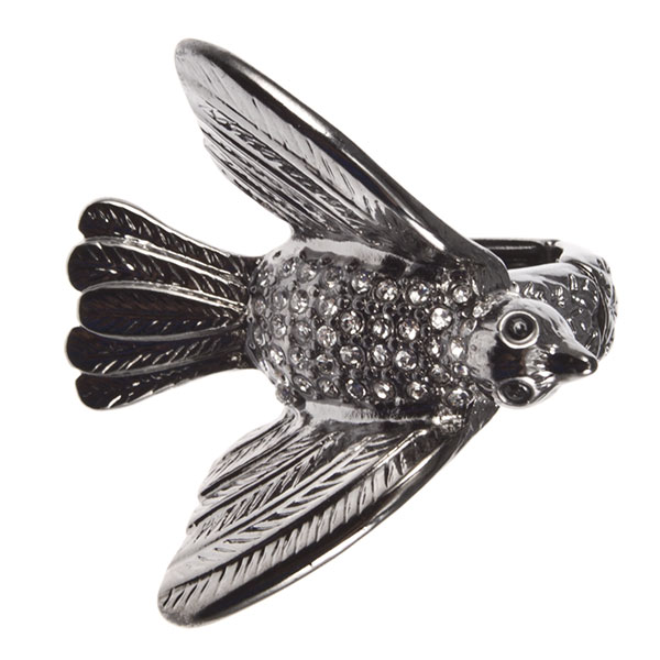 Wholesale deep silver stretch band ring dove flight smokey rhinestone details